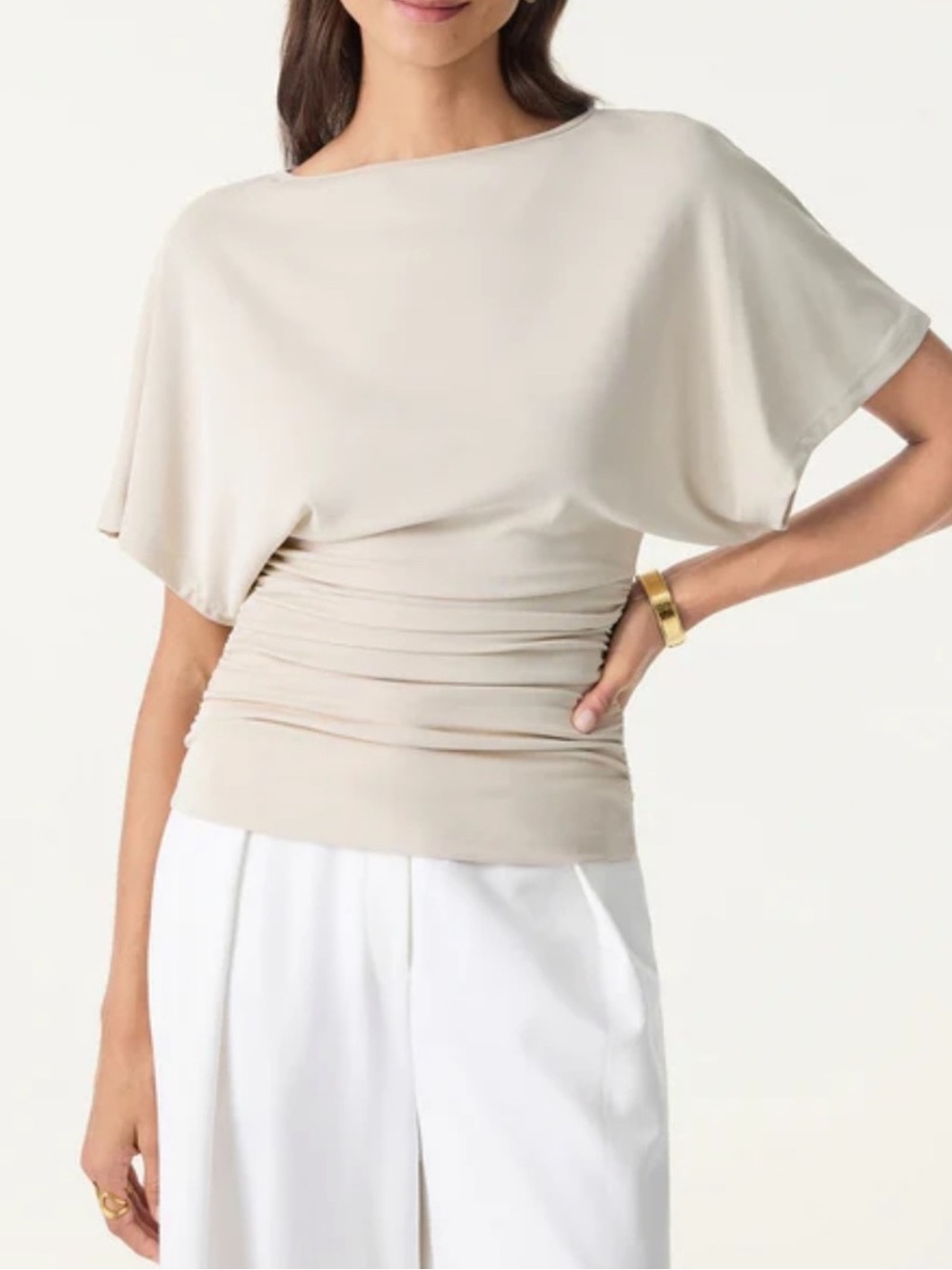 NWT Women’s OGL Short Sleeve Draped Ruched Tee Top Beige Size M